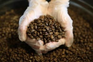Nerd Java Colombian coffee beans in a tin can with hands
