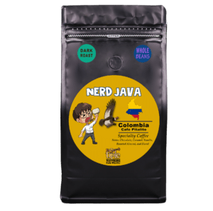 Nerd Java Colombian Dark Roast coffee with notes of dark chocolate, caramel, and undertones of almond, vanilla, and citrus